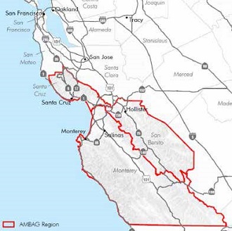 map of Southern California with a red line around the AMBAG Region