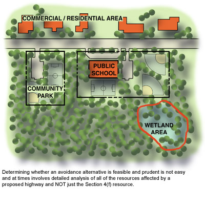 illustration depicting a school, a park, wetlands, and commercial-residential areas