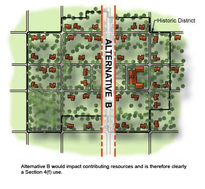 Alternative B would impact contributing resources and is therefore clearly a Section 4(f) use.