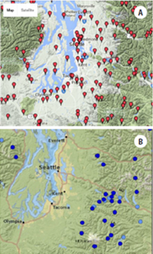 Maps showing the locations of weather stations in the Puget Sound area. Stations administered by NOAA are shown on the left and those by NRCS on the right.