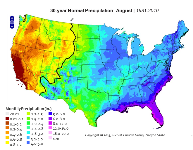 Map of the US showing 30-year normal precipitation - described below