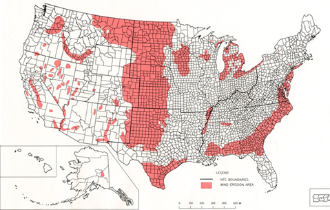 Map showing areas in the US wiht high winds