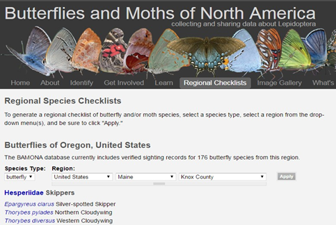 Screenshot of Butterflies and Moths of North America website
