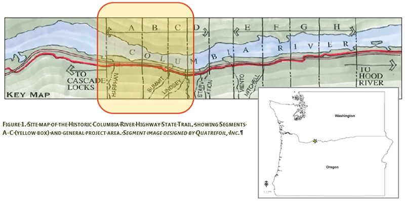  Figure 1. Site map of the Historic Columbia River Highway State Trail, showing segments A-C (yellow box) and general project area. Segment image designed by quatrefoil, inc.