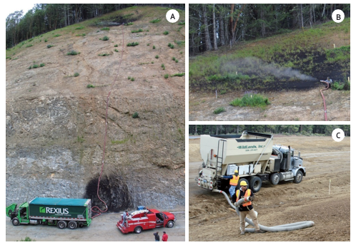 Photo of Blowing equipment applying mulch on steep slopes