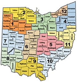 map of Ohio, color-coded to show the twelve districts and the counties within each district