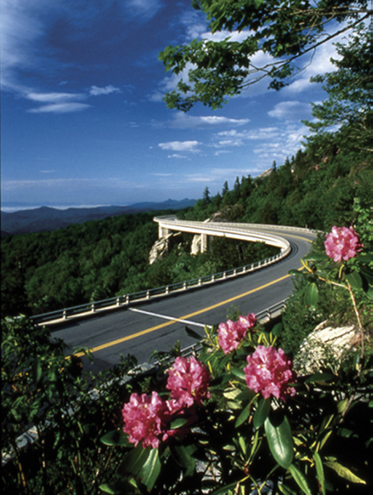 Photograph of a highway bridge built against the edge of a mountainside