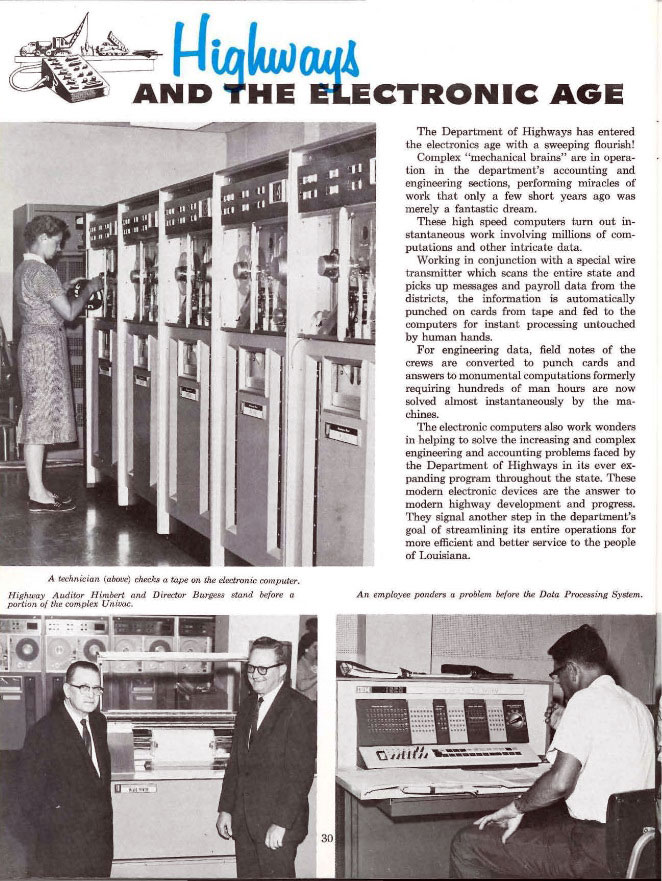 Many states embraced computers in the early 1960s to aid in designing roads and bridges.  (Image courtesy of the Louisiana Department of Transportation.)