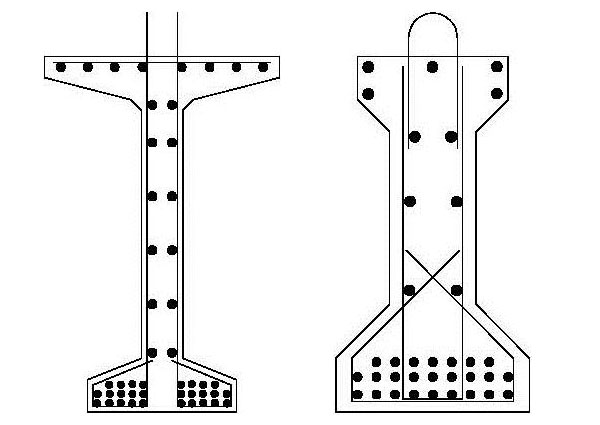 The bulb tee (left) is a variation of the prestressed I-beam (right) with flanges of different sizes, although dimensions and designs will vary by state.  (Image courtesy of the Federal Highway Administration).