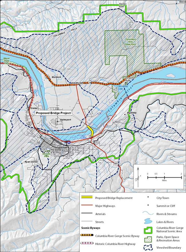 Digital terrain map of a large section of the Columbia River Gorge National Scenic Area, showing the location of a proposed bridge replacement. The viewshed boundaries from the bridge viewpoint is marked on the map.