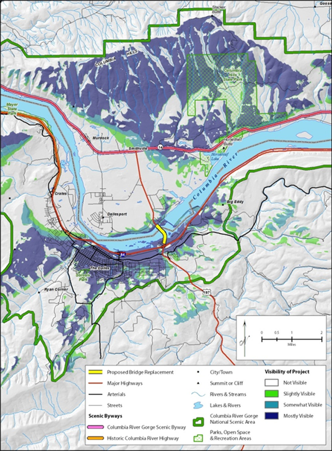 Distance zone map of a large section of the Columbia River Gorge National Scenic Area, showing the location of a proposed bridge replacement. Viewshed areas are colored to show how visible the bridge project is from these areas: not visible (white), slightly visible (green), somewhat visible (aqua), and mostly visible (navy).