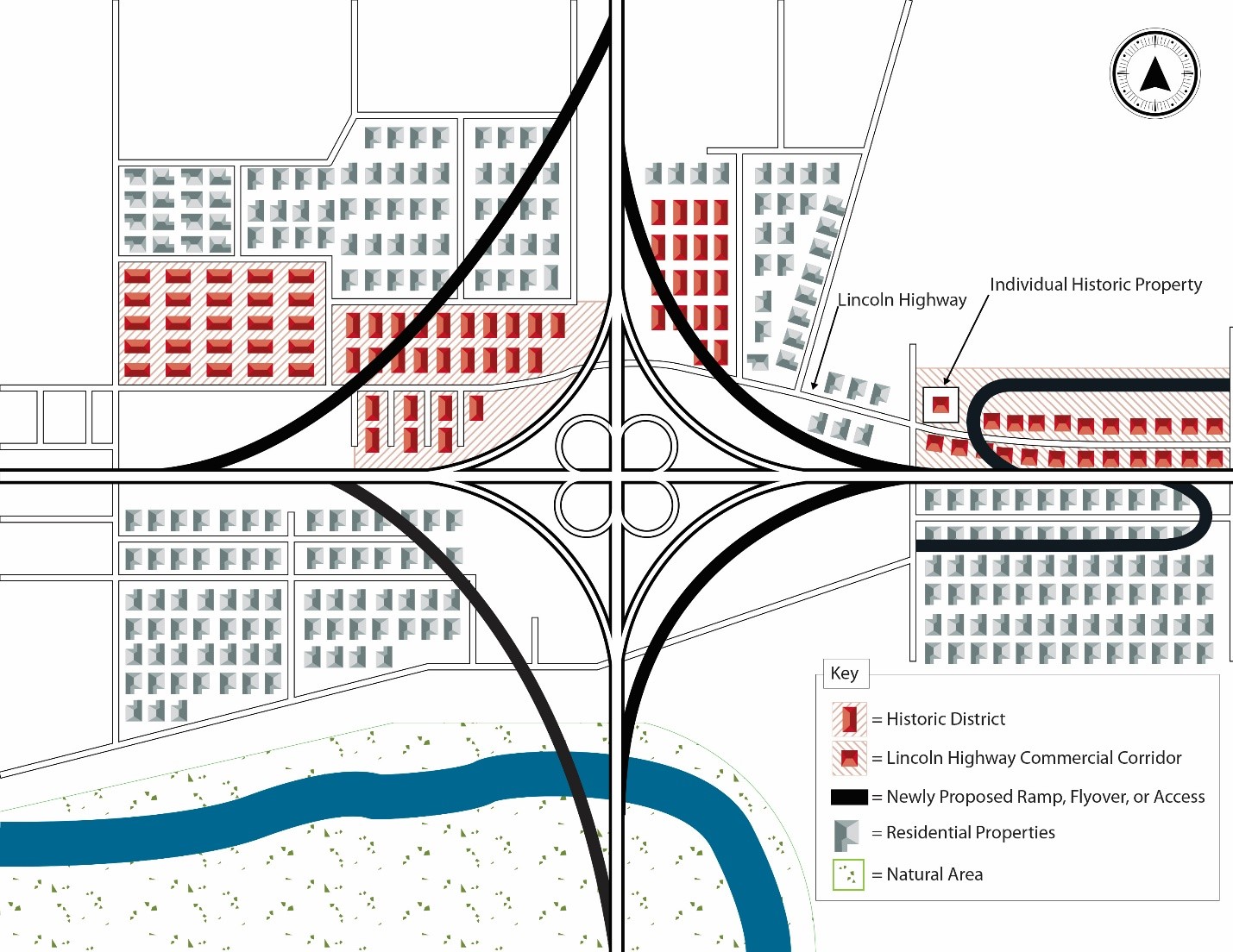 An illustration of a bird’s eye view of histroic properties at the interchange of the proposed project.