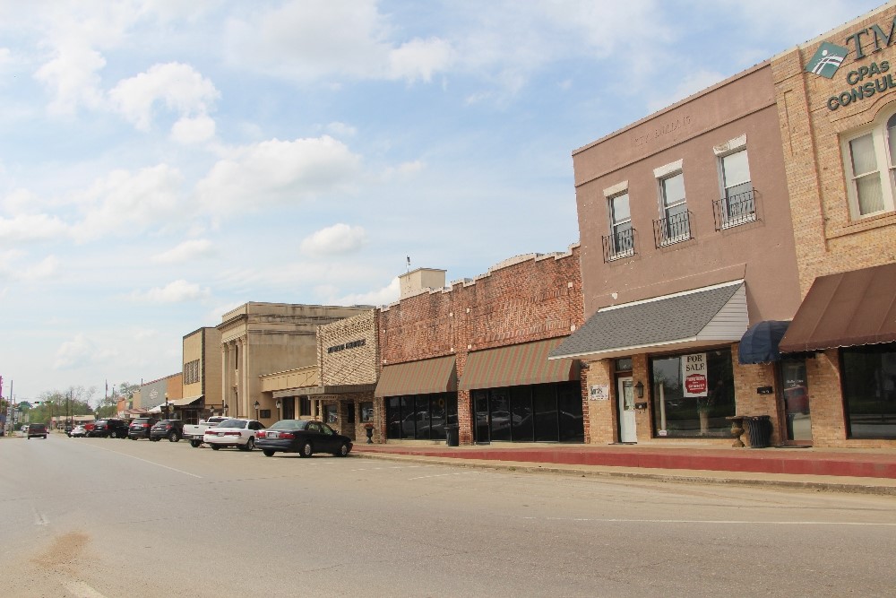 A photograph of a streetview of several brick buildings in a historic district.