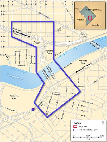 Figure 1: Map of the 11<sup>th</sup> Street Bridges study area