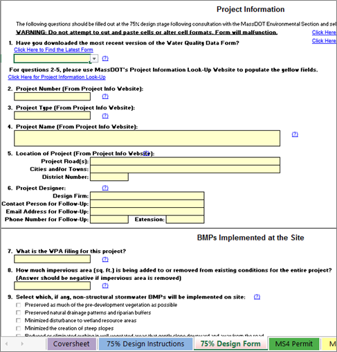 This image is a screenshot of Massachusetts DOT’s water quality data form, which includes a list of nine questions or categories that document project information that may affect water quality.