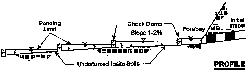 Profile View: Check dams slope 1-2%. Undisturbed insitu soils below check dams. Ponding limit at top of check dams also shown.