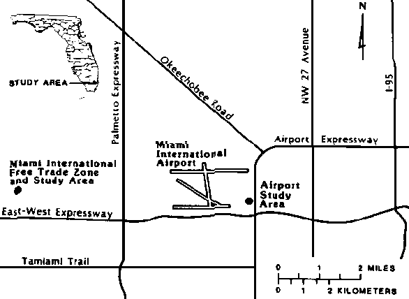 maps showing location of Dade County in Florida and location of two study areas in Dade County, one just east of the Miami International Airport and the other west of the Palmetto Expressway just north of the East-West Expressway.