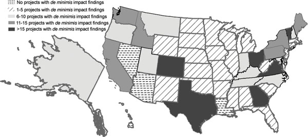 Map of the United States, shaded to show each state's number of Total Reported Projects with De Minimis Impact as of April 2009, either no projects, 1-5 projects, 6-10 projects, 11-15 projects, or greater than 15 projects.