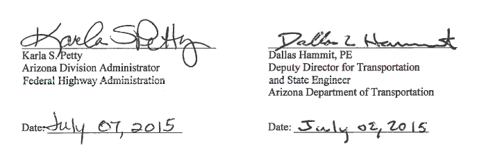 signatures of Karla S. Petty, Arizona Division Administrator, Federal Highway Administration; and Dallas Hammit, PE, Deputy Director for Transportation and State Engineer, Arizona Department of Transportation