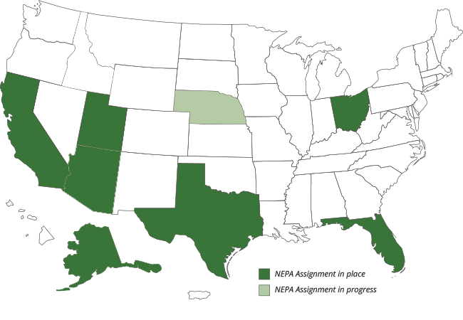 map of the U.S showing states where NEPA Assignment is in place (CA, UT, TX, OH, and FL), states where NEPA Assignment is in progress (AK), and states where there is NEPA Assignment interest (ID)