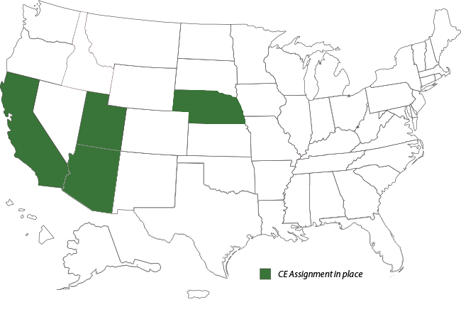 map of the U.S showing states where NEPA CE Assignment is in place (AZ, CA, NE, UT)