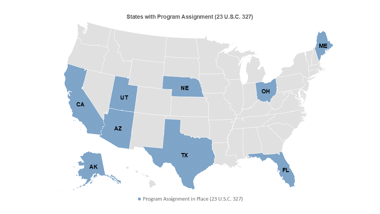 map of the U.S showing states where NEPA Assignment is in place (AK, AZ, CA, FL, ME, NE, OH, TX, UT)