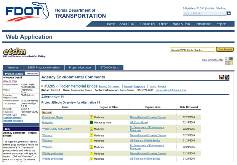 Screenshot from Florida DOT’s ETDM web application which is displaying a table of Agency Environmental Comments made on a project alternative. For each comment, the table lists its name, degree of effect, organization, and date reviewed.