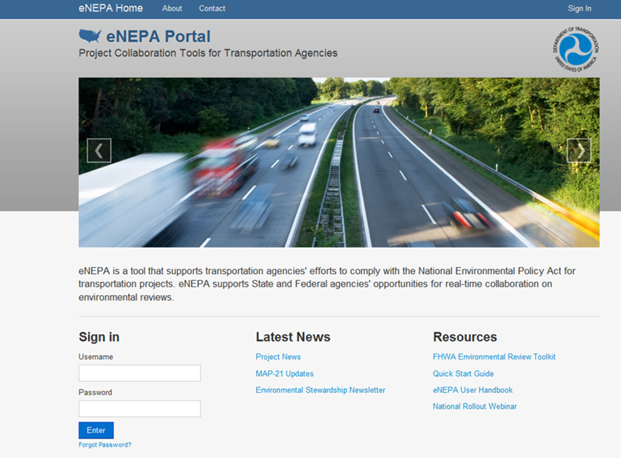 Screenshot of the sign-in page for FHWA’s eNEPA Portal website, which contains a photo of a highway, a sign-in form, latest news items, and resources items