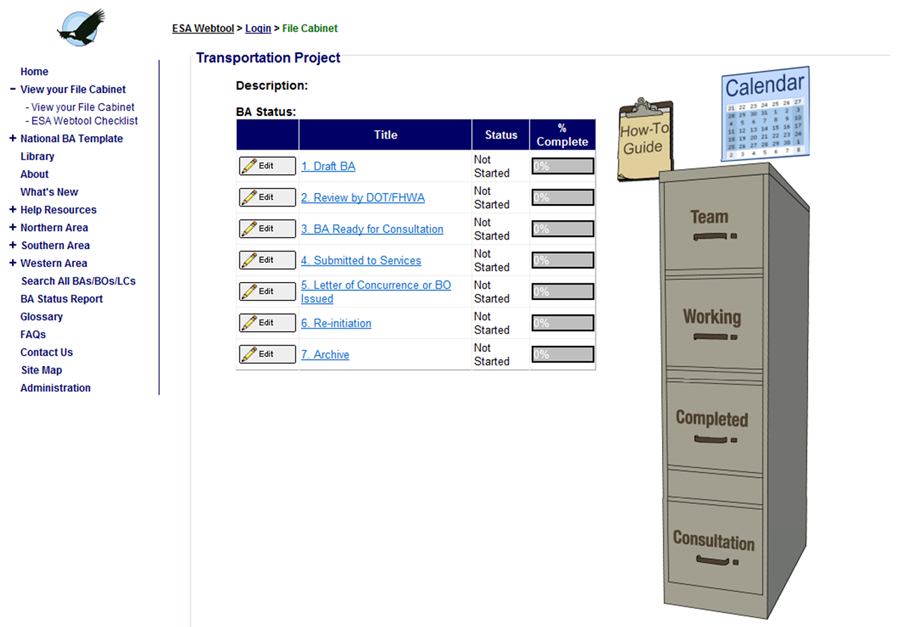 Screenshot of FHWA's ESA Webtool's project file cabinet web page, which contains a file directory, a project milestone status table, a how-to-guide icon, a calendar icon, and a drawing of a file cabinet with clickable Team, Working, Completed, and Consultation drawers