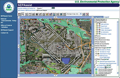 Screenshot from the NEPAssist tool which is displaying a map of the area directly surrounding O'Hare International Airport, with some areas color-coded shades of green to denote various flood zone types