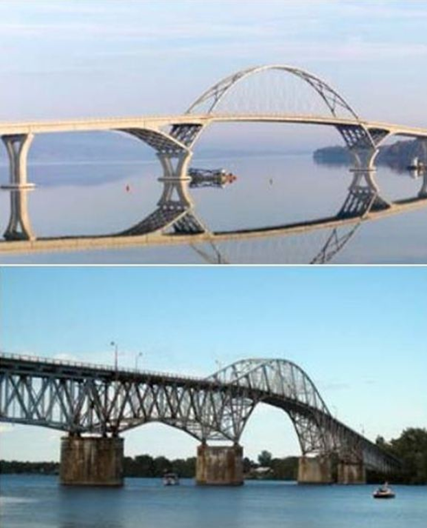 Two photographs, one atop the other. The top photograph displays the selected design for the Lake Champlain Bridge. The bottom photograph shows the design of the original 1929 bridge