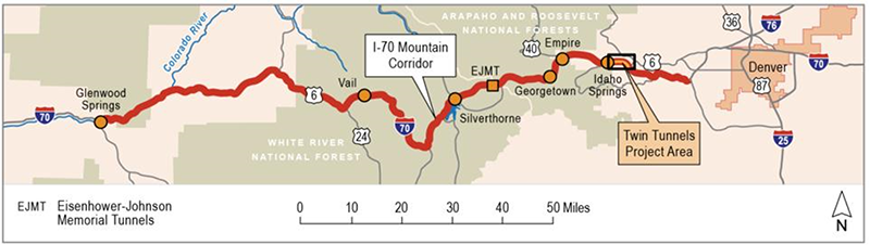 Map of the I-70 Mountain Corridor from Denver to Glenwood Springs