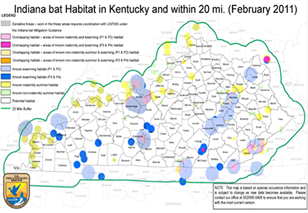 Map of the counties of the State of Kentucky with color-coded areas that show Indiana bat habitat locations