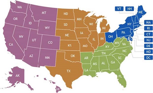 U.S. map color-coded to show the four FHWA Field Legal Services Divisions