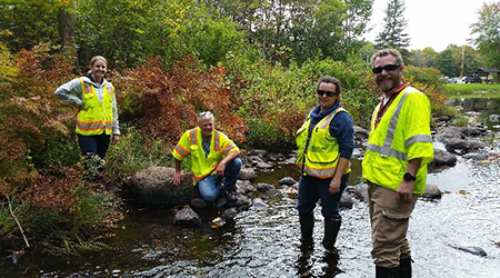 four people wearing yellow safety vests in the field