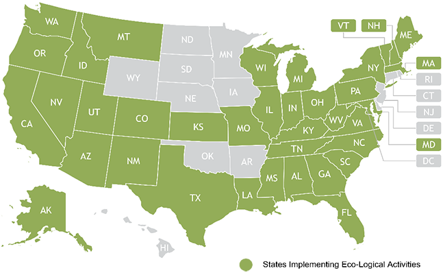 map of the U.S. color-coded to show states implementing Eco-Logical activities. The only states not implementing Eco-Logical activities are RI, CT, NJ, DE, WY, ND, SD, NE, OK, MN, IA, AR, HI, and the District of Columbia.