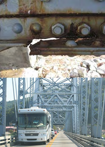 Two photographs: closeup of an example of the bridge's structural damage and the bridge prior to replacement