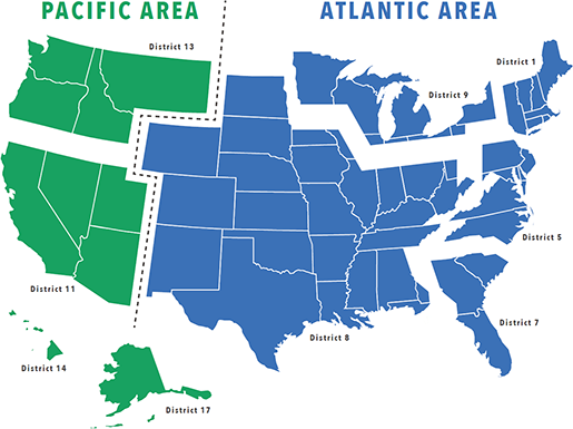 map of the U.S. divided into the Pacific Area and the Atlantic Area and further divided into DBOs