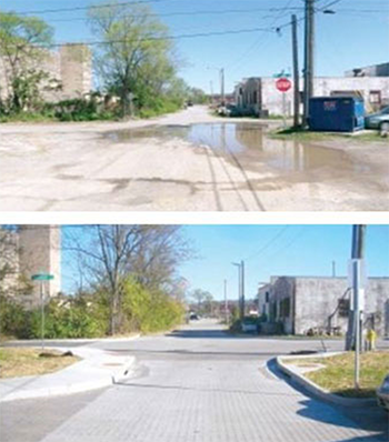 before and after photos showing a flooded street and a recently paved street with a sidewalk and curbing