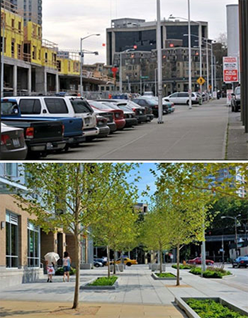 before and after photos showing a line of parked cars adjacent to a plain sidewalk and a wide plaza with trees and plants