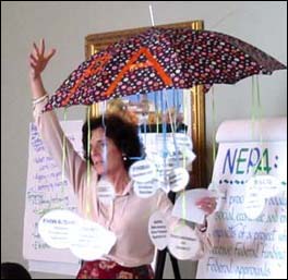 Ruth Rentch, of FHWA, used an umbrella to demonstrate the purpose of the NEPA Umbrella.