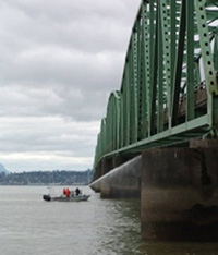 Photograph showing men in a boat shooting a water cannon at the underside of a bridge to remove inactive nests